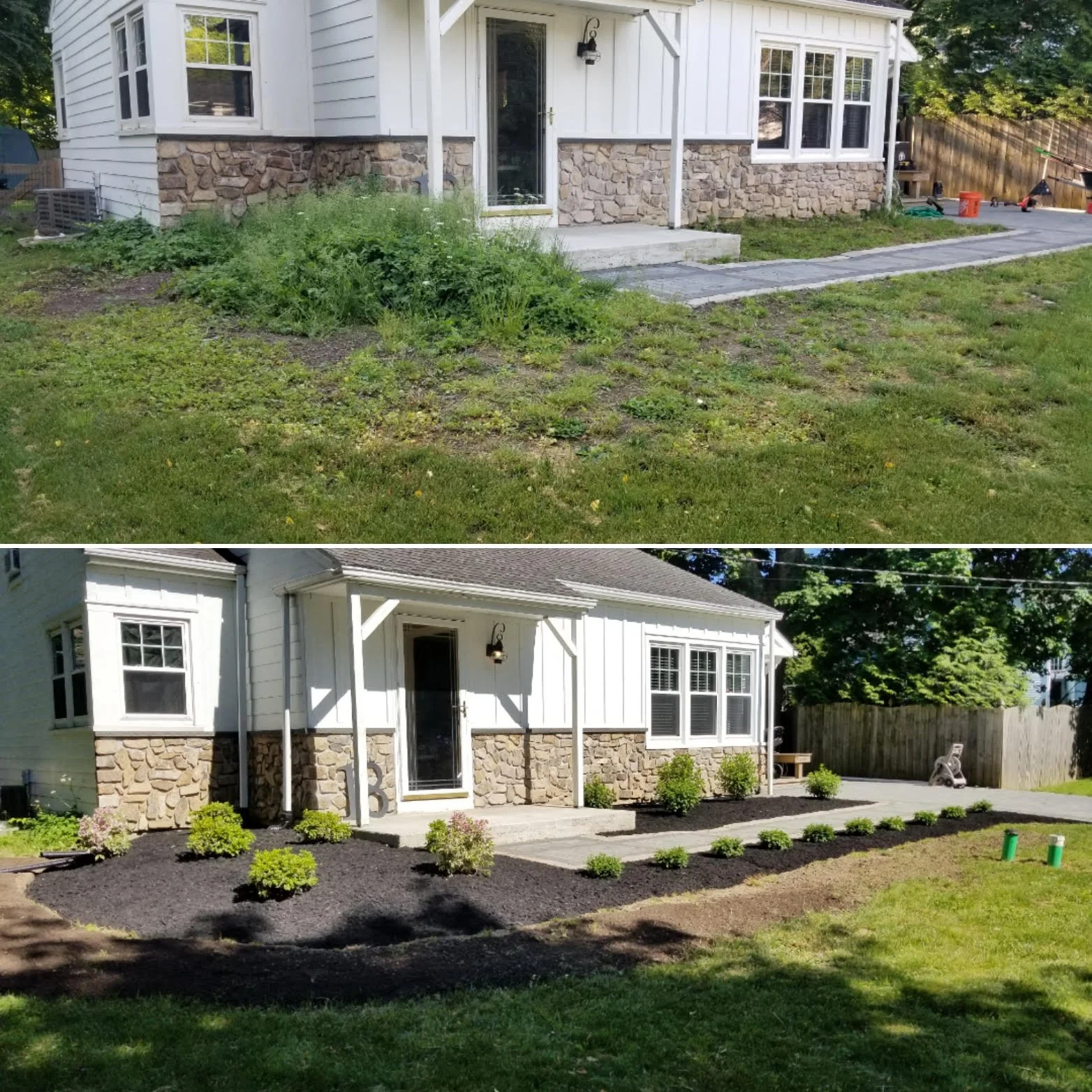 Before and after photos of a backyard landscaping project, showing the removal of weeds and installation of new mulch and plants around a house.
