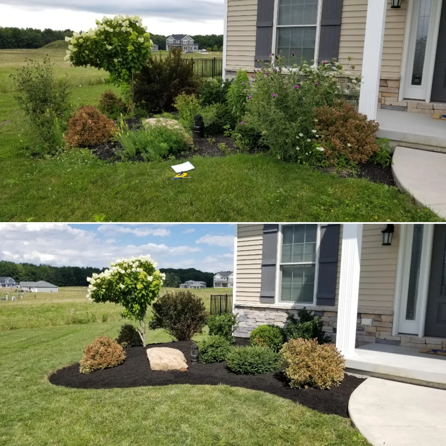 Comparison of a garden before and after landscaping with new mulch, rocks, and plants.