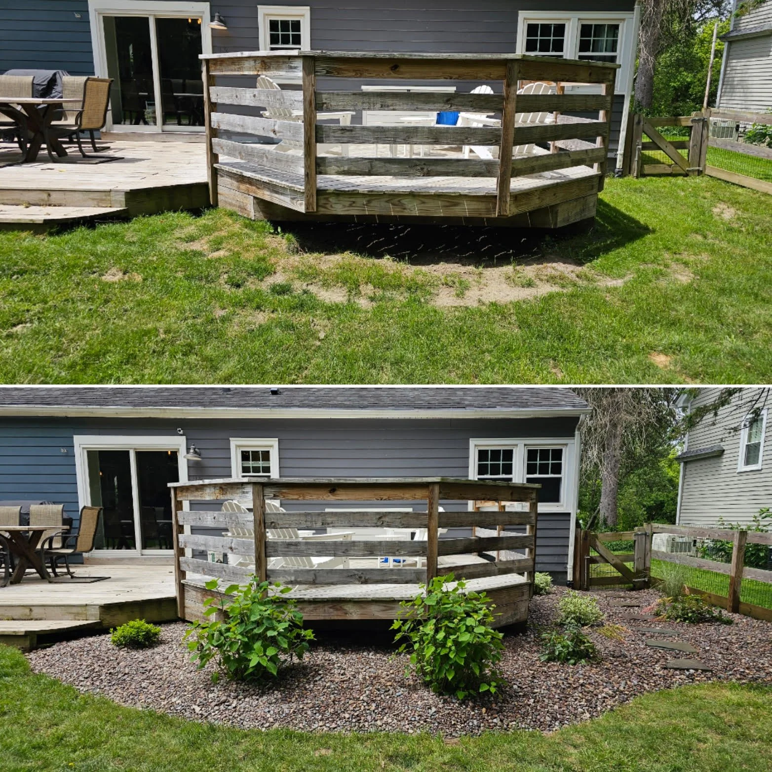 Before and after images of a backyard deck with a railing, showing landscaping improvements with new plants and mulch underneath the deck.