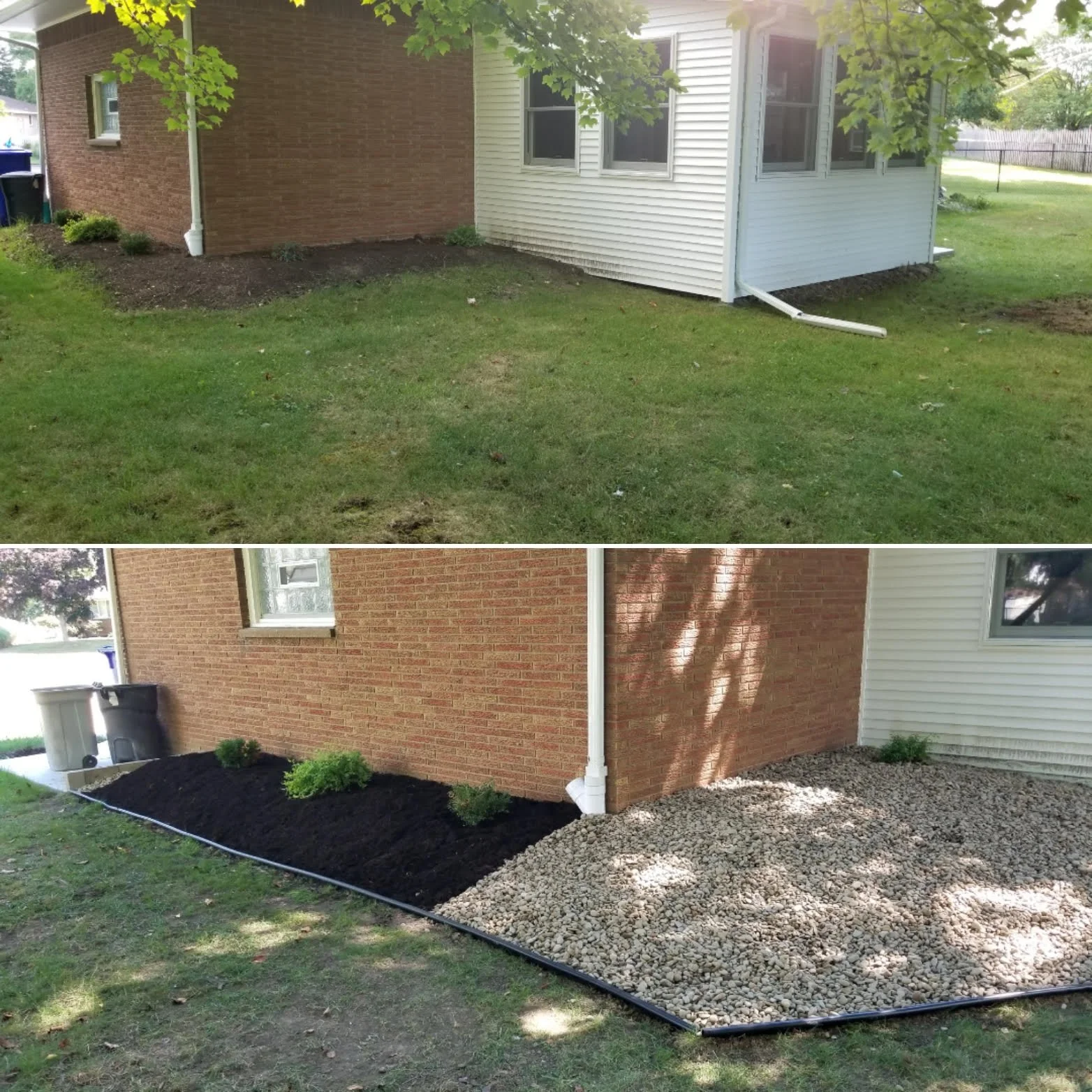 Side yard before and after landscaping with new mulch, bushes, and gravel around the house foundation.