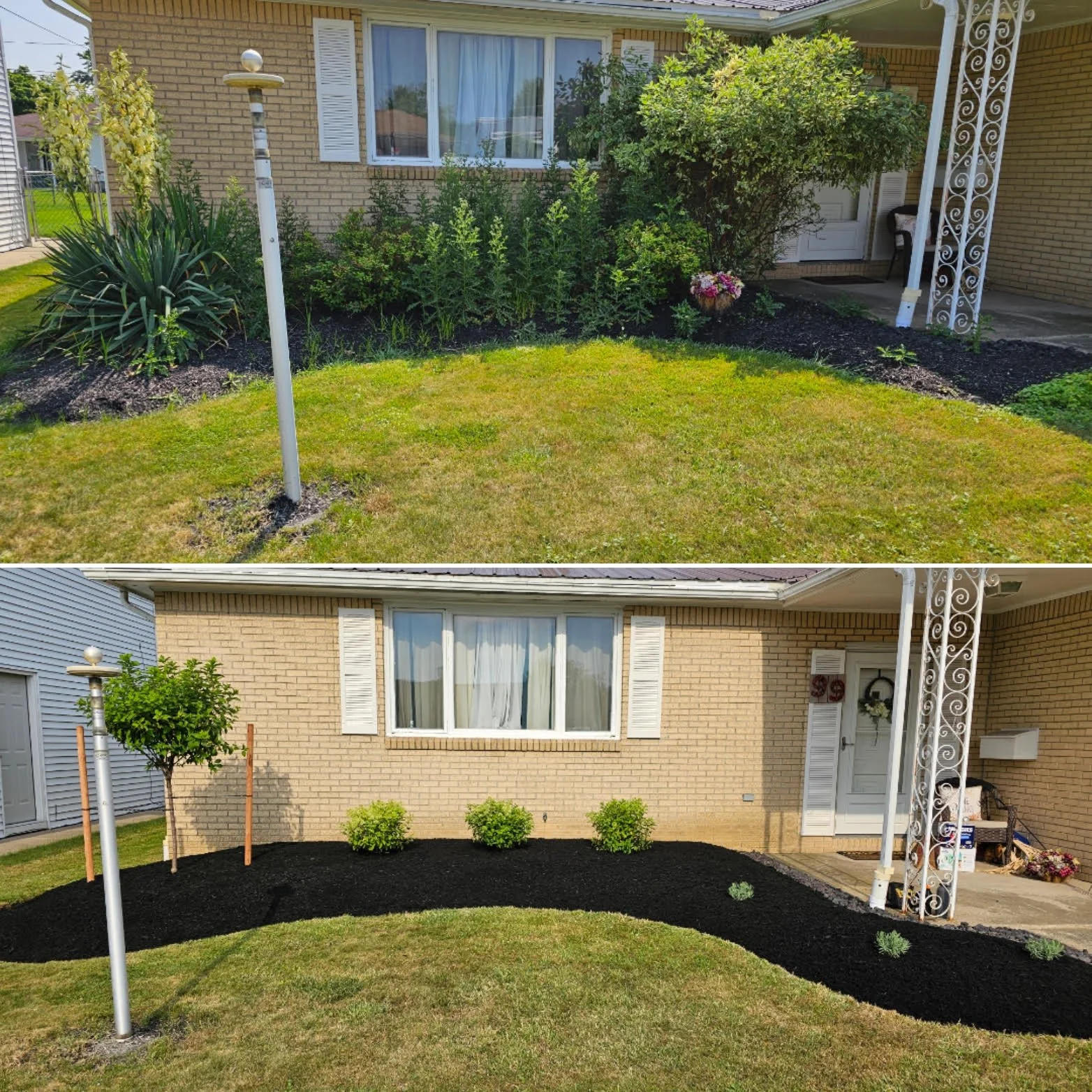 Before and after images of a front yard landscaping project. The top image shows a lawn with plants, bushes, and a lamppost. The bottom image shows a redesigned yard with a freshly mulched flower bed, small bushes, a young tree, and a clean lawn.