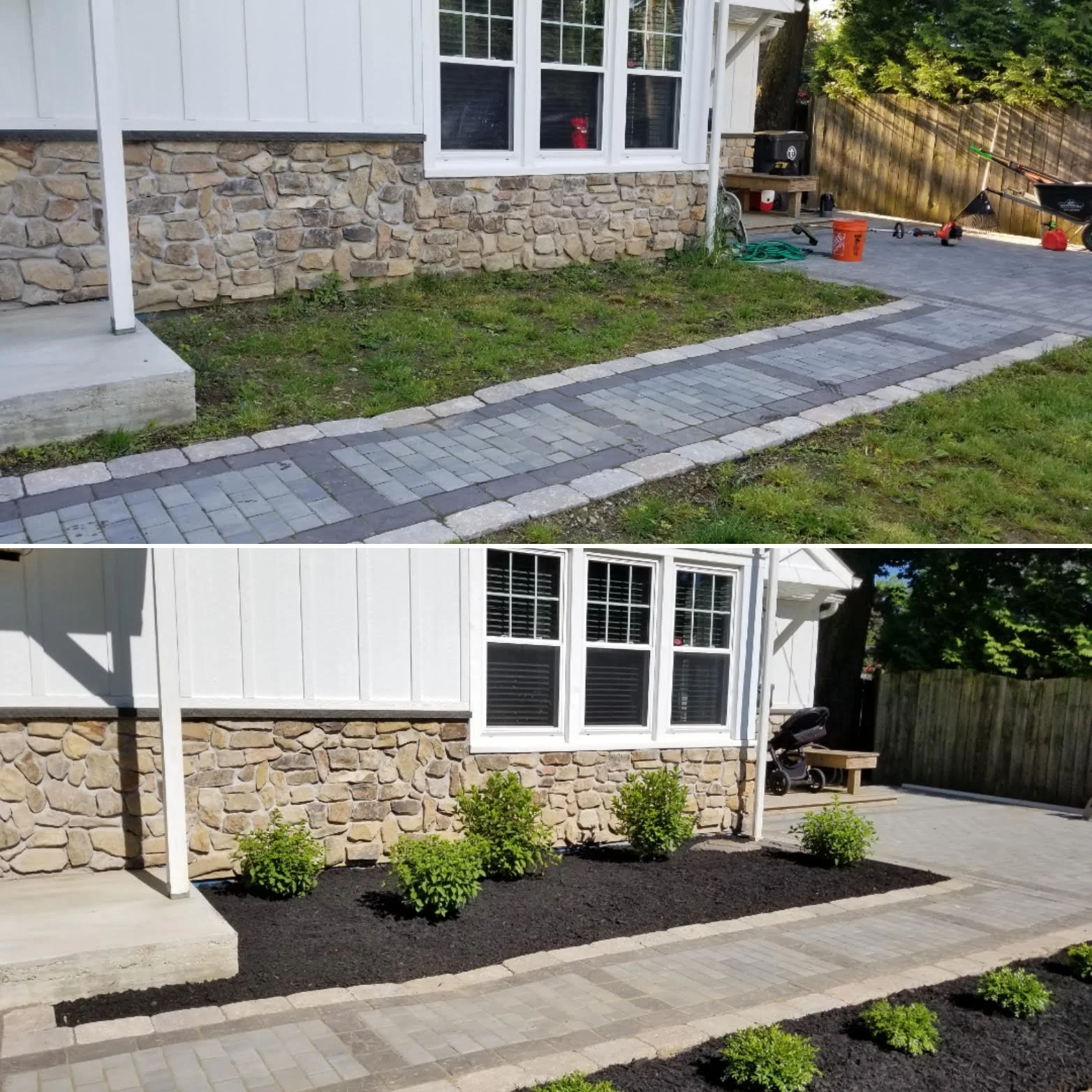 Before and after images of a front yard landscaping project. The top image shows a pathway bordered by grass and a stone wall, with some gardening tools and outdoor equipment in the background. The bottom image features the same area now landscaped w