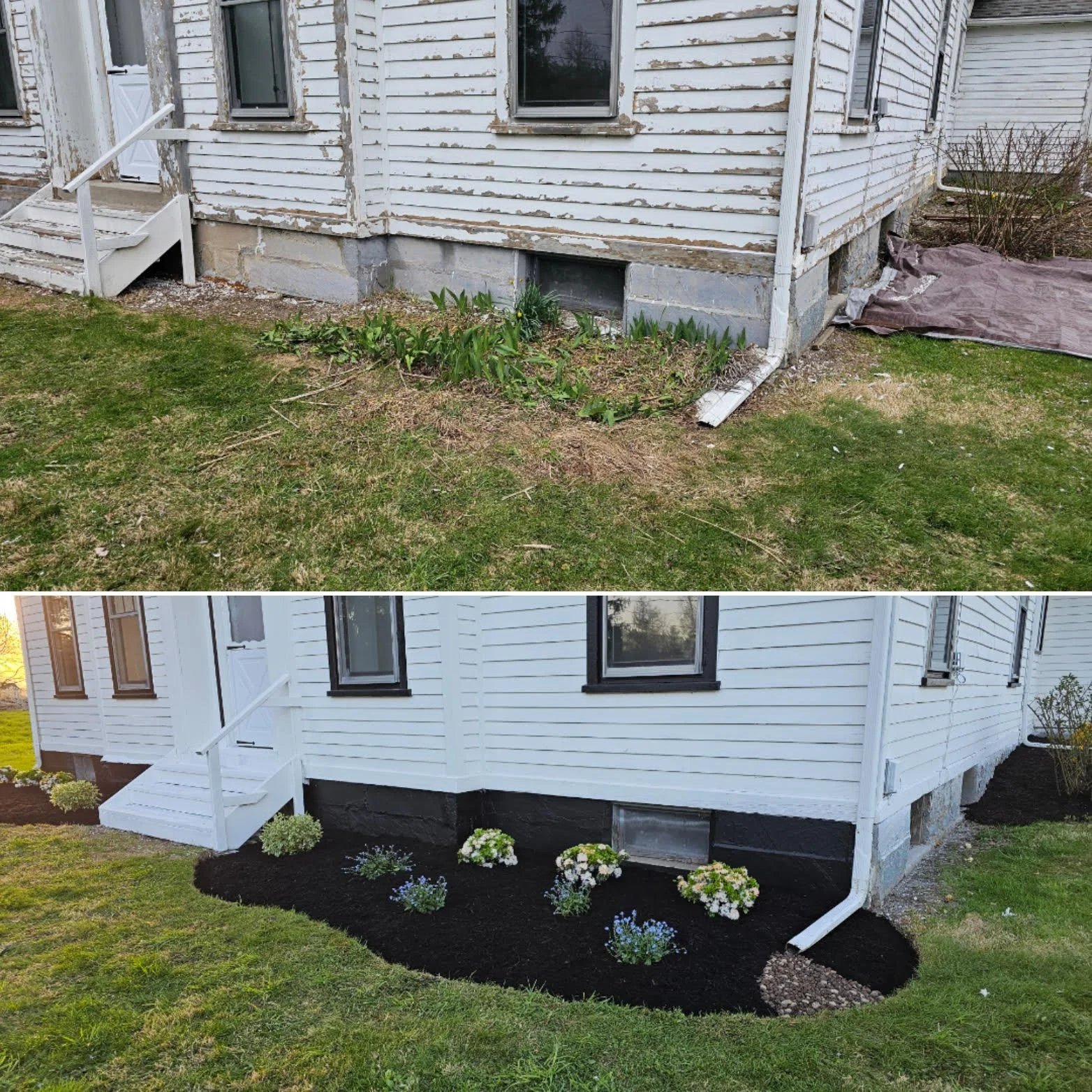 Side-by-side comparison of a house's exterior before and after yard landscaping. The before image shows worn-out, peeling paint and uneven ground with sparse plants. The after image displays a freshly painted house with white siding, a neatly landsca