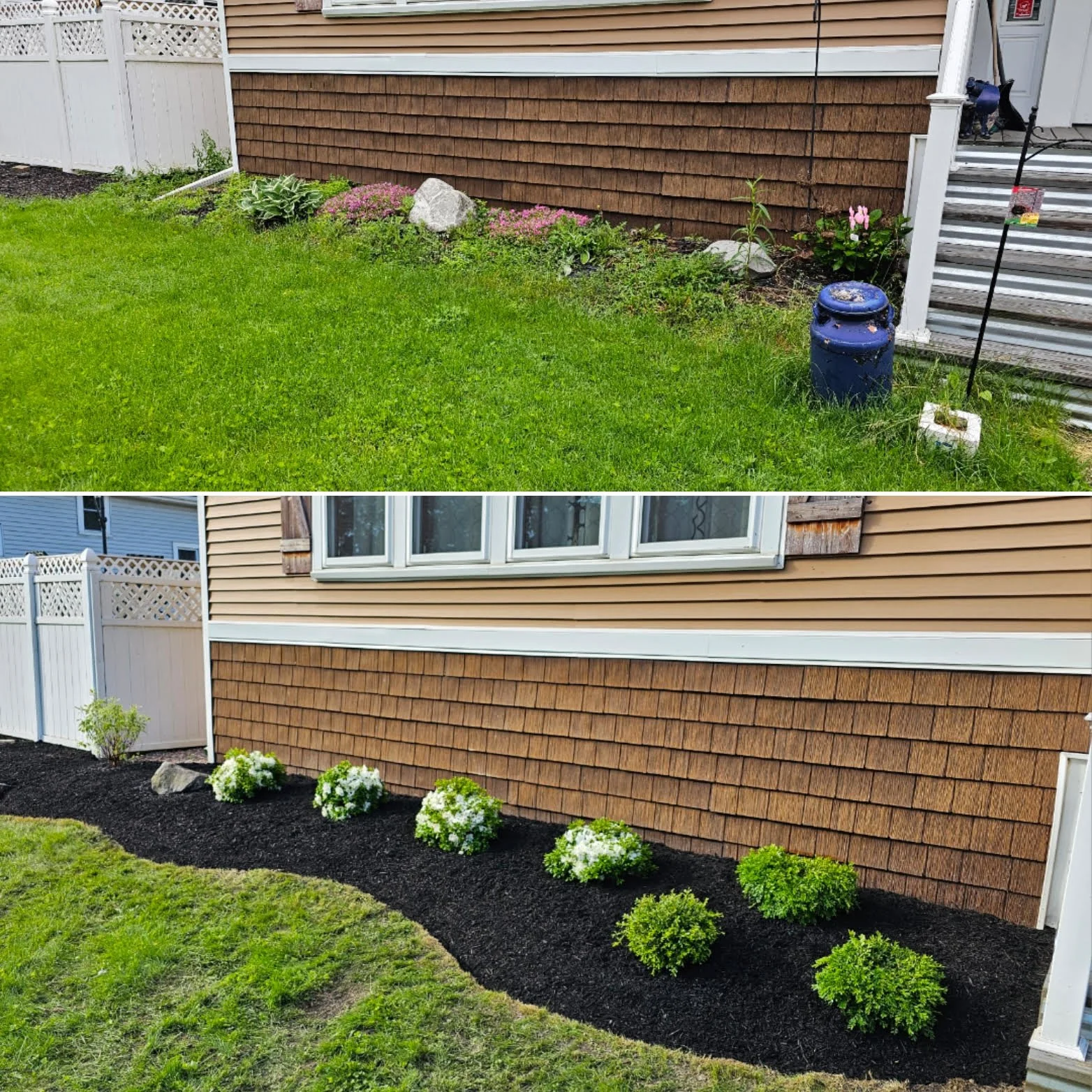 Before and after images of a house's exterior showing a garden bed transformation. The top image shows a patchy garden with grass and some plants, while the bottom image shows a newly landscaped garden with dark mulch, whitened flowering bushes, and 