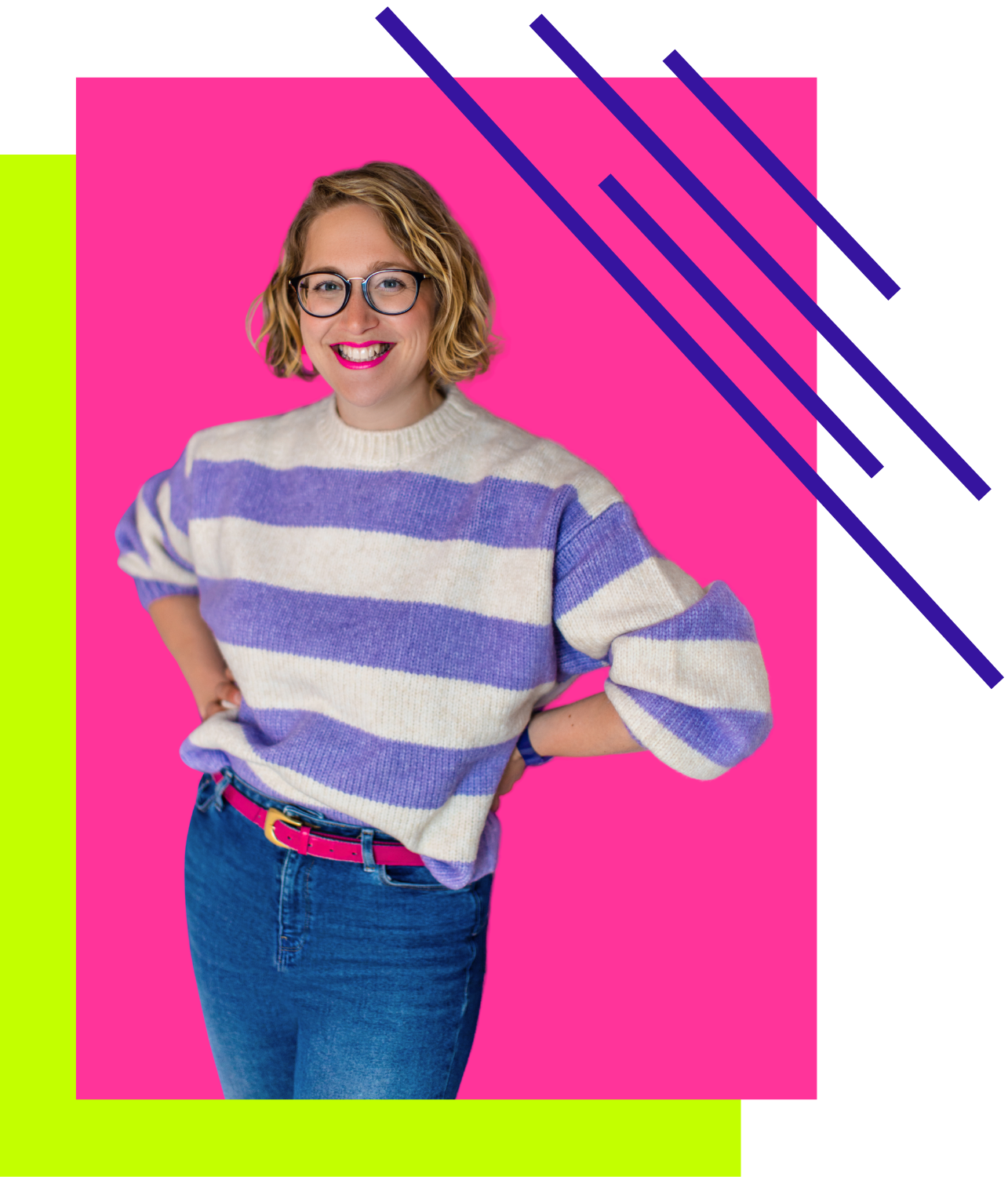 Lorraine wearing a stripy purple jumper and a questionable choice of lipstick against a pink and lime background