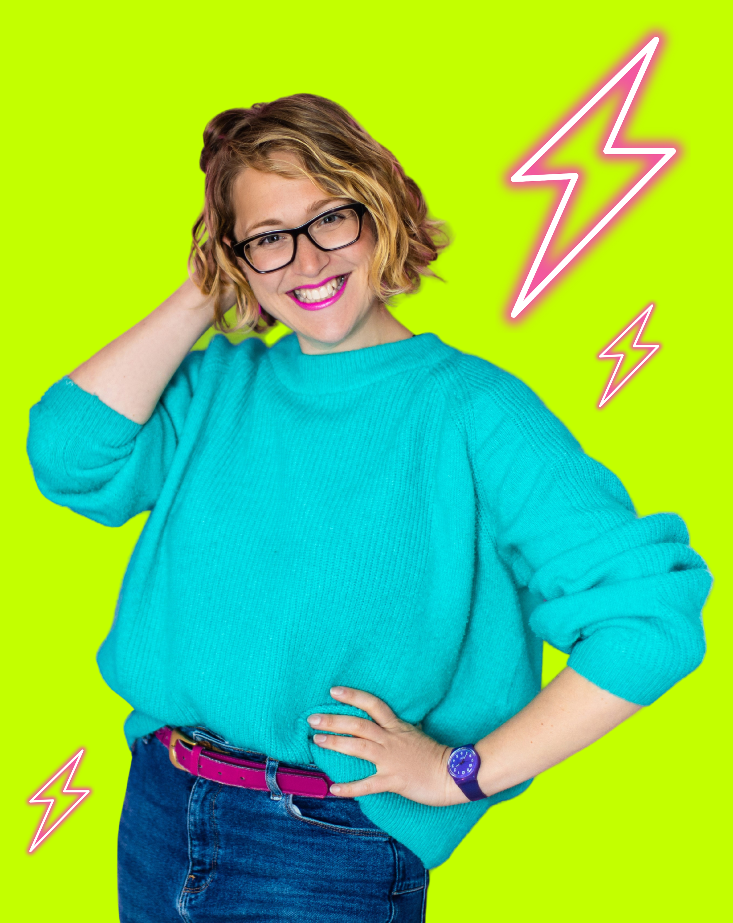 Lorraine against a lime background with pink neon thunderbolts