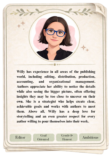 Profile picture of a woman with shoulder-length dark hair, wearing blue glasses and a black top, smiling at the camera. The background includes decorative elements and a short professional biography about her writing and editing experience.