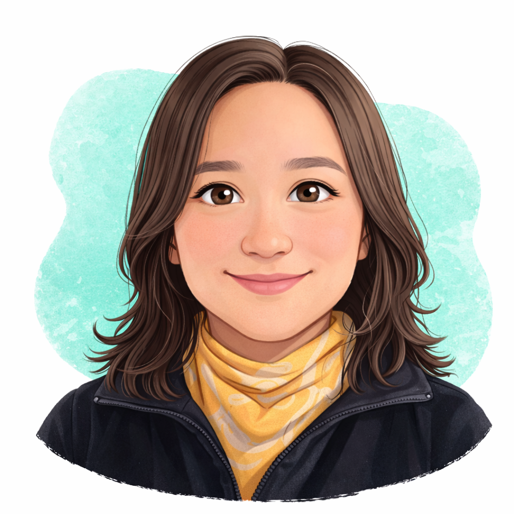 A digital portrait of a young woman with shoulder-length brown hair, wearing a yellow scarf with white patterns and a black jacket, smiling against a light blue watercolor background.