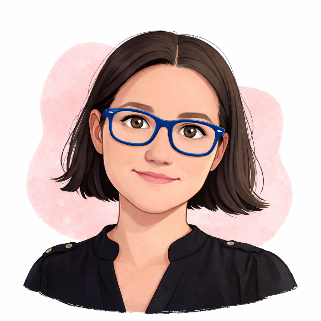 Digital portrait of a young woman with shoulder-length dark hair, wearing blue glasses and a black top with epaulet details, set against a pink watercolor background.