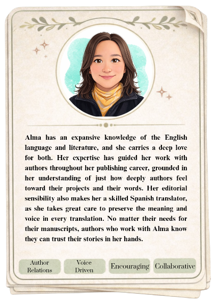 A woman with shoulder-length brown hair, wearing a yellow scarf and a black jacket, smiles in a portrait against a background with a light teal shape and star decorations. Below is a paragraph of text praising Alma's knowledge and skills related to language and literature, with four buttons labeled 'Author Relations,' 'Voice Driven,' 'Encouraging,' and 'Collaborative' at the bottom.