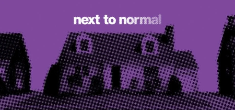 A digitally altered image of houses with the text "next to normal" above them, with a purple background.