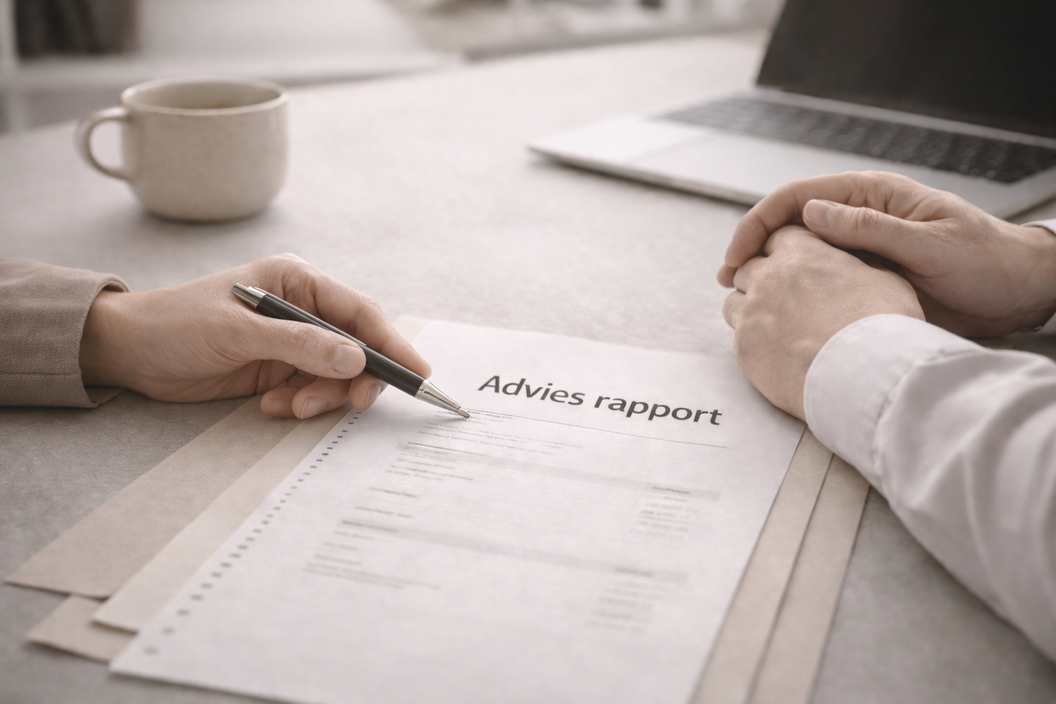 Twee mensen zitten aan een tafel, een houdt een pen en wijst naar een rapport met de titel 'Advies rapport', op de achtergrond een kopje koffie en een open laptop.