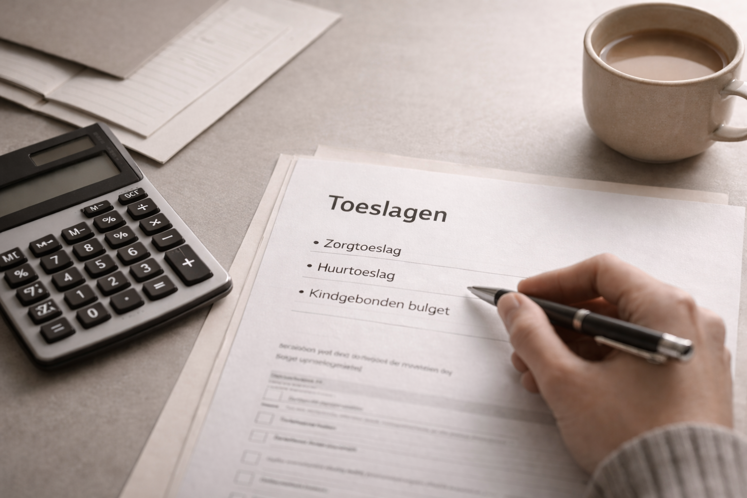 Een persoon die een pen vasthoudt en een formulier invult met de titel 'Toeslagen', gelegen op een bureau met een rekenmachine, een kopje koffie, en papieren.