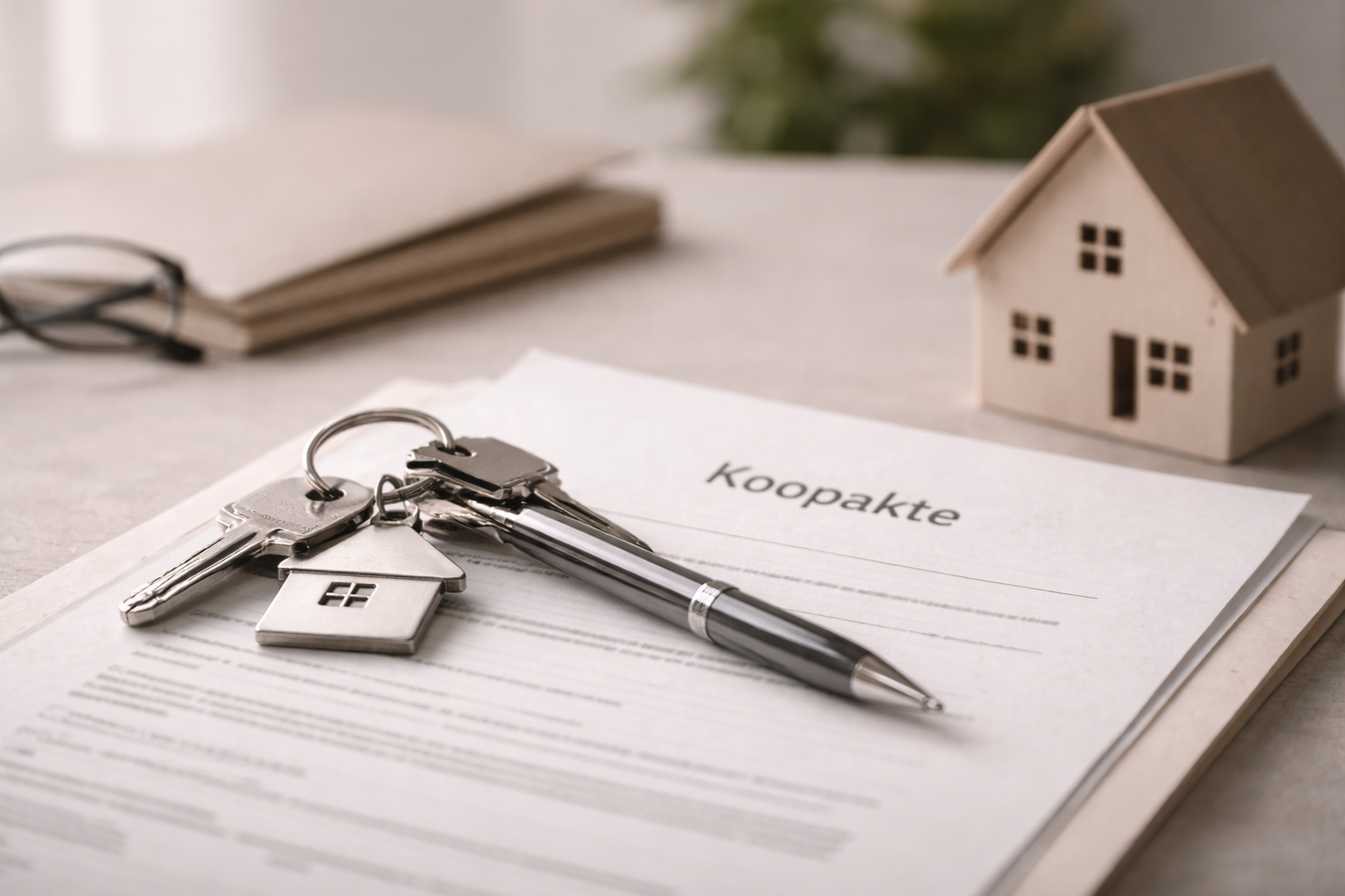 Een koopovereenkomst, een pen, sleutels en een houten huismodel op een tafel, symbool voor een woningkoop.