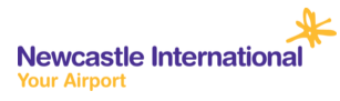 Logo for Newcastle International Airport with purple and orange text and a small yellow airplane icon
