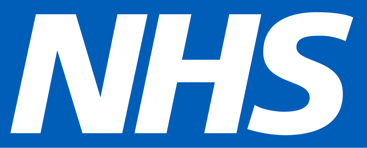 Close-up of the NHS logo in white on a blue background.