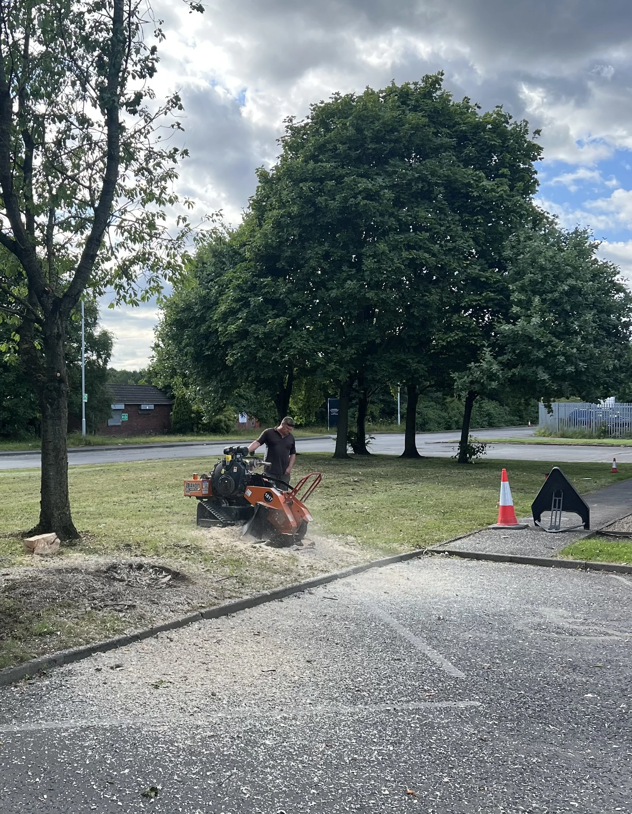Man operating a compact asphalt grinder on a parking lot, with orange traffic cones and a black barricade nearby. Trees and a cloudy sky are in the background.