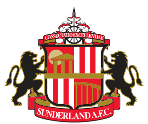 Sunderland A.F.C. crest featuring two black lions holding a shield with red and white vertical stripes, a golden stand with trees, and a banner that reads 'Consectatio Excellentiae'.