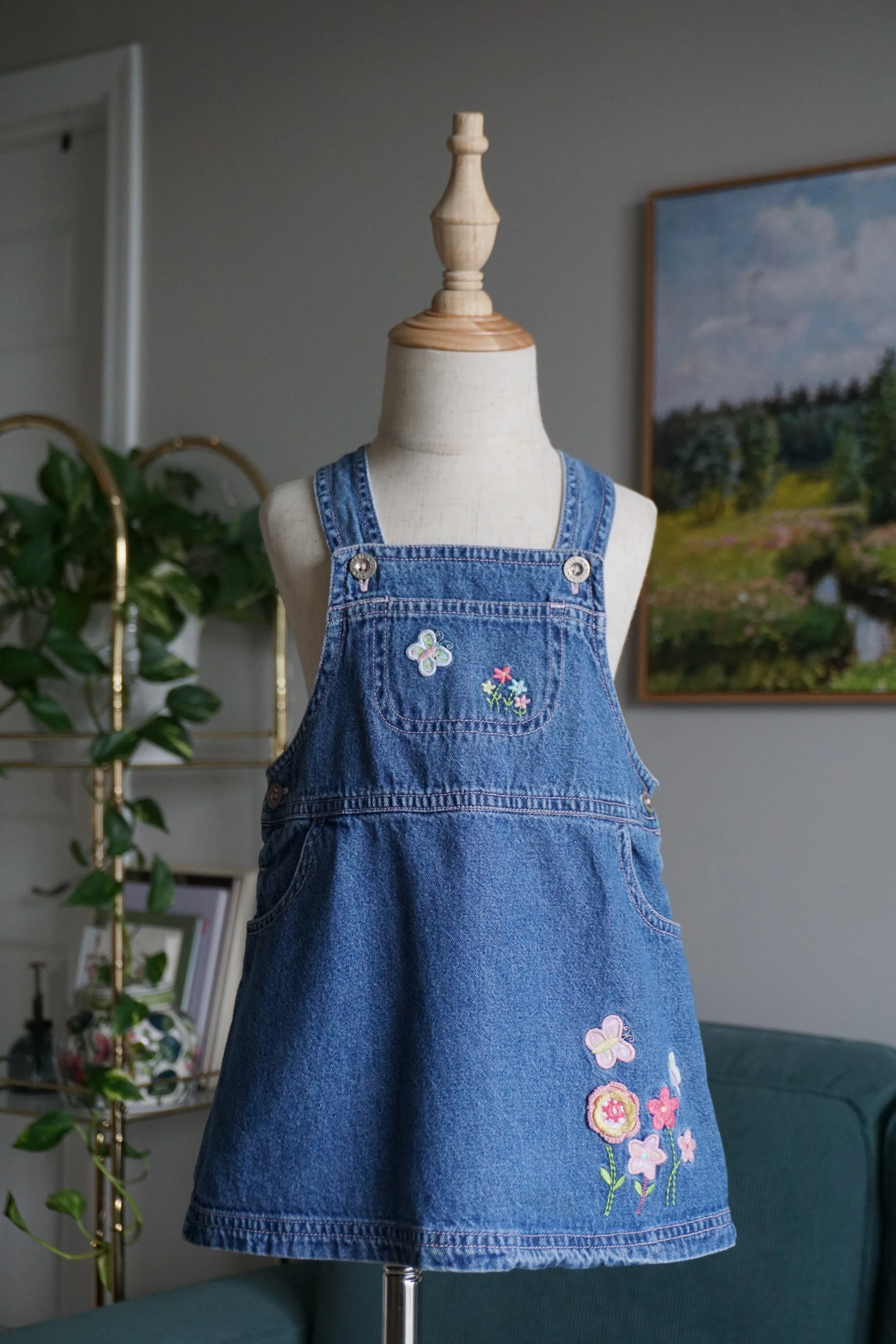 VTG Embroidered Butterfly Denim Overall Dress