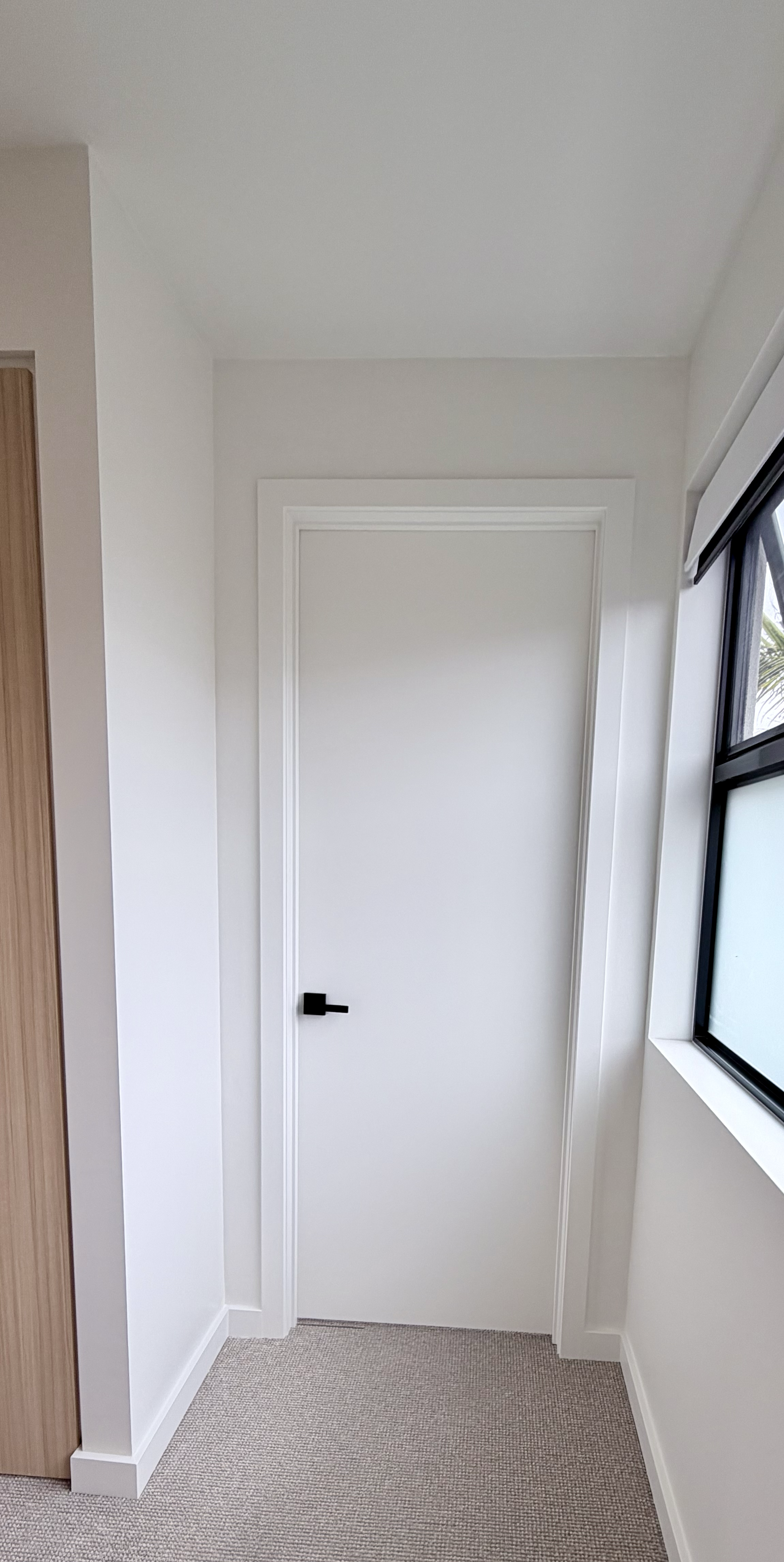 A white interior door with a black handle, located next to a window with black framing, in a modern room with beige carpet and white walls.