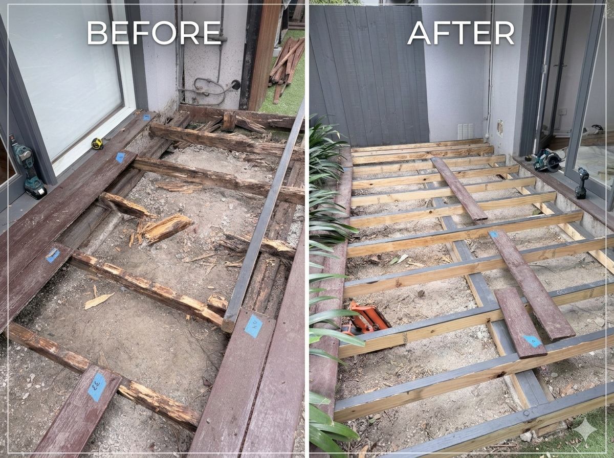 Side-by-side comparison of a balcony floor demolition before and renovation after. The "Before" side shows a damaged, rotting wooden deck with missing planks and debris. The "After" side displays new wooden joists installed over the existing structur