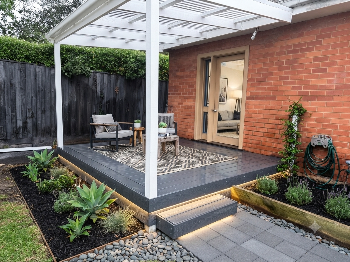 Small backyard patio with a black wooden deck, two cushioned chairs, a small wooden table, and a patterned outdoor rug. There are built-in garden beds with plants and succulents, a garden hose reel, and a black wooden fence. The patio is attached to a brick house with a glass door leading indoors.