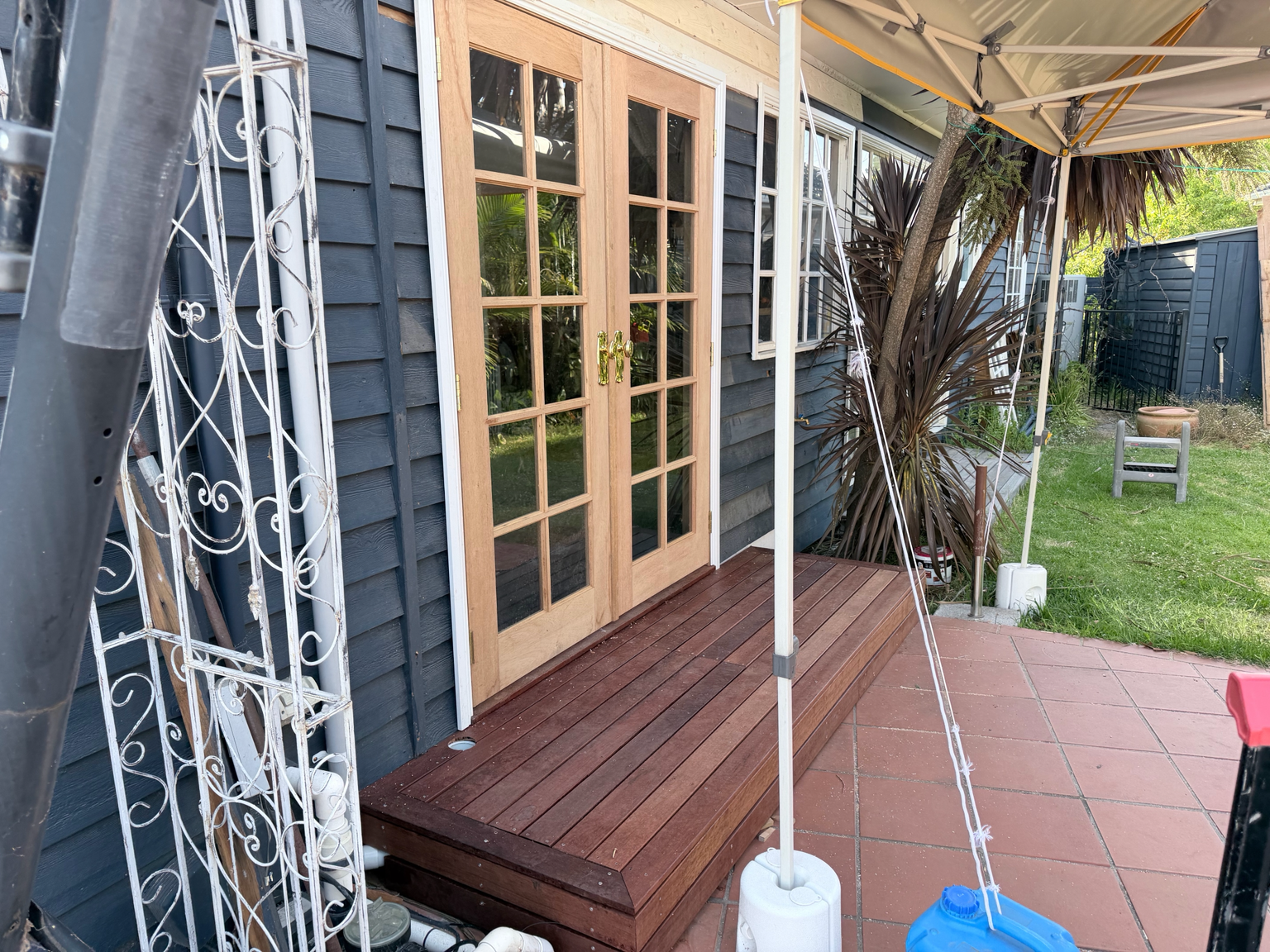 New French door install including structural works and decking