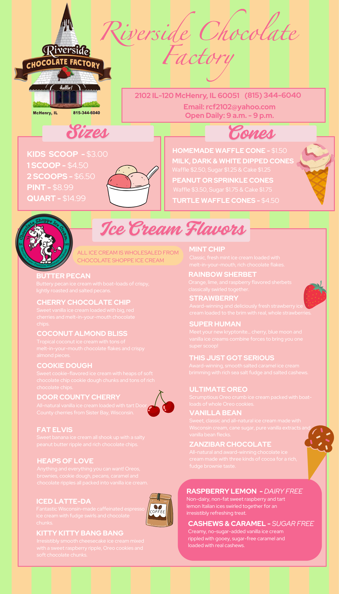 Colorful menu board for Riverside Chocolate Factory with pastel pink, green, and orange vertical stripes background, displaying ice cream flavors, sizes, cones, and contact information.