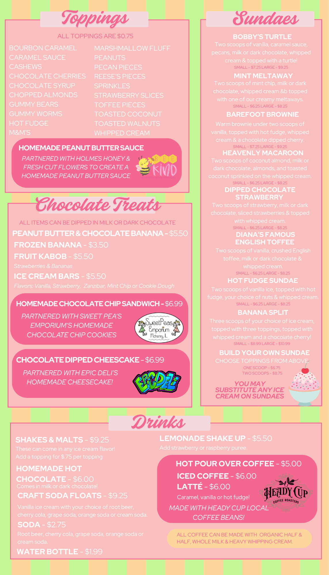 Menu with toppings, sundaes, chocolate treats, and drinks sections, featuring items like hot fudge sundae, banana split, milkshakes, and coffee, on a pink, green, and beige checkered background.