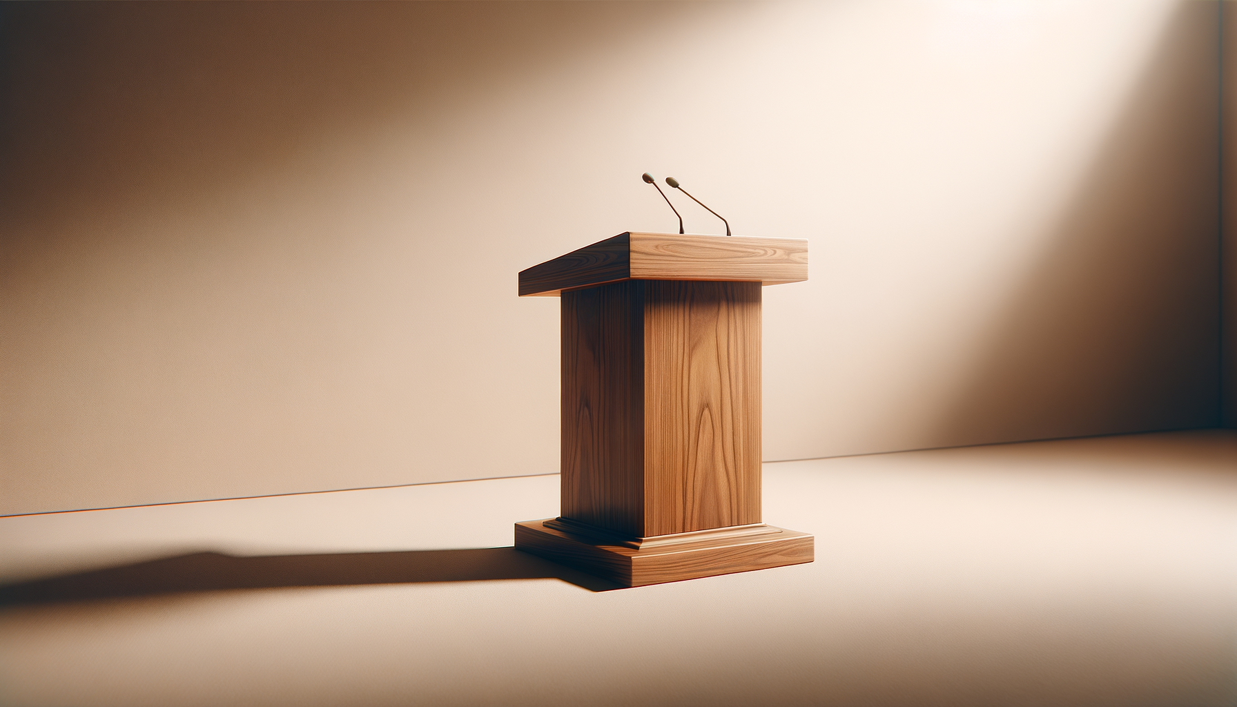 Empty wooden podium with two microphones on top, lit by soft lighting, against a plain background.