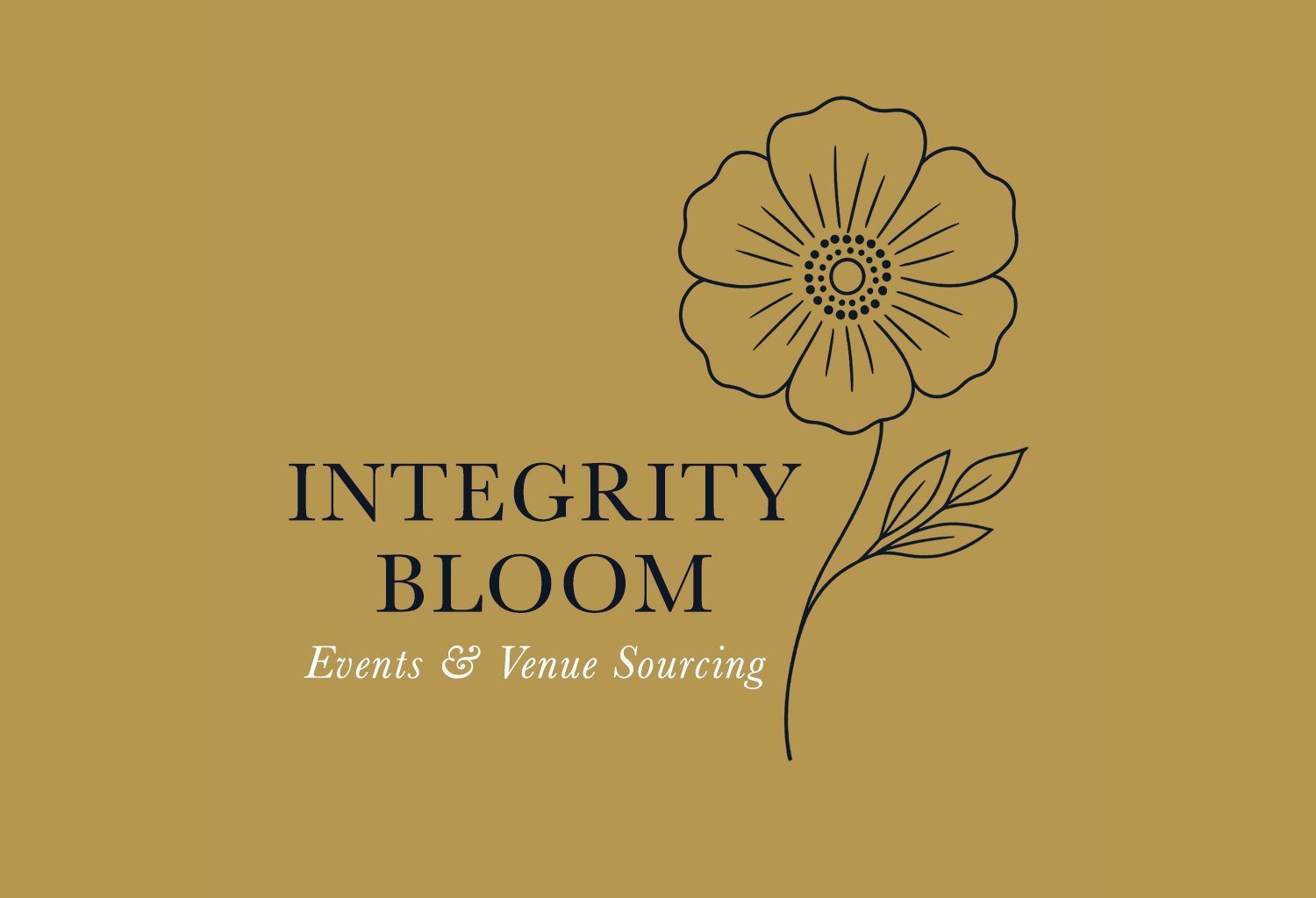 Gold background with a black line drawing of a flower. Text reads 'INTEGRITY BLOOM' with smaller text 'Events & Venue Sourcing'.