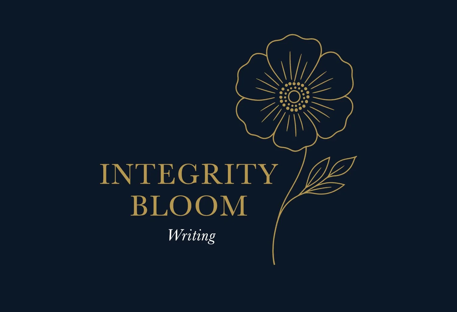A dark blue cover with a gold outline flower and text reading 'Integrity Bloom Writing'.