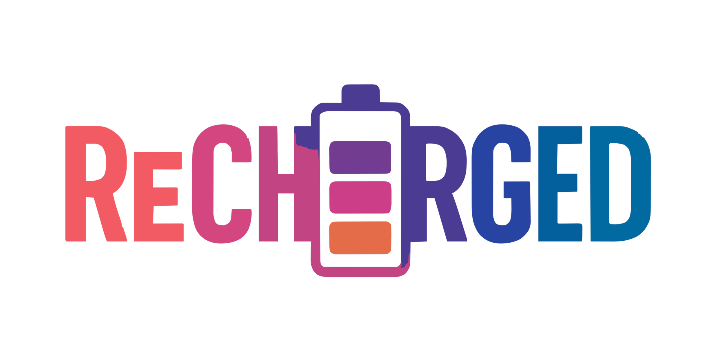 Colorful logo with the word 'RECHARGED' in large, bold letters, with each letter in a different color and stylized with an electric plug shape for the 'A'.