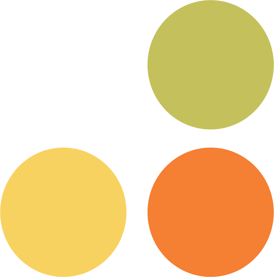 Three circles in different colors: olive green at the top right, yellow at bottom left, and orange at bottom right, on a white background. JOY! Childcare Nanny Agency in London, UK