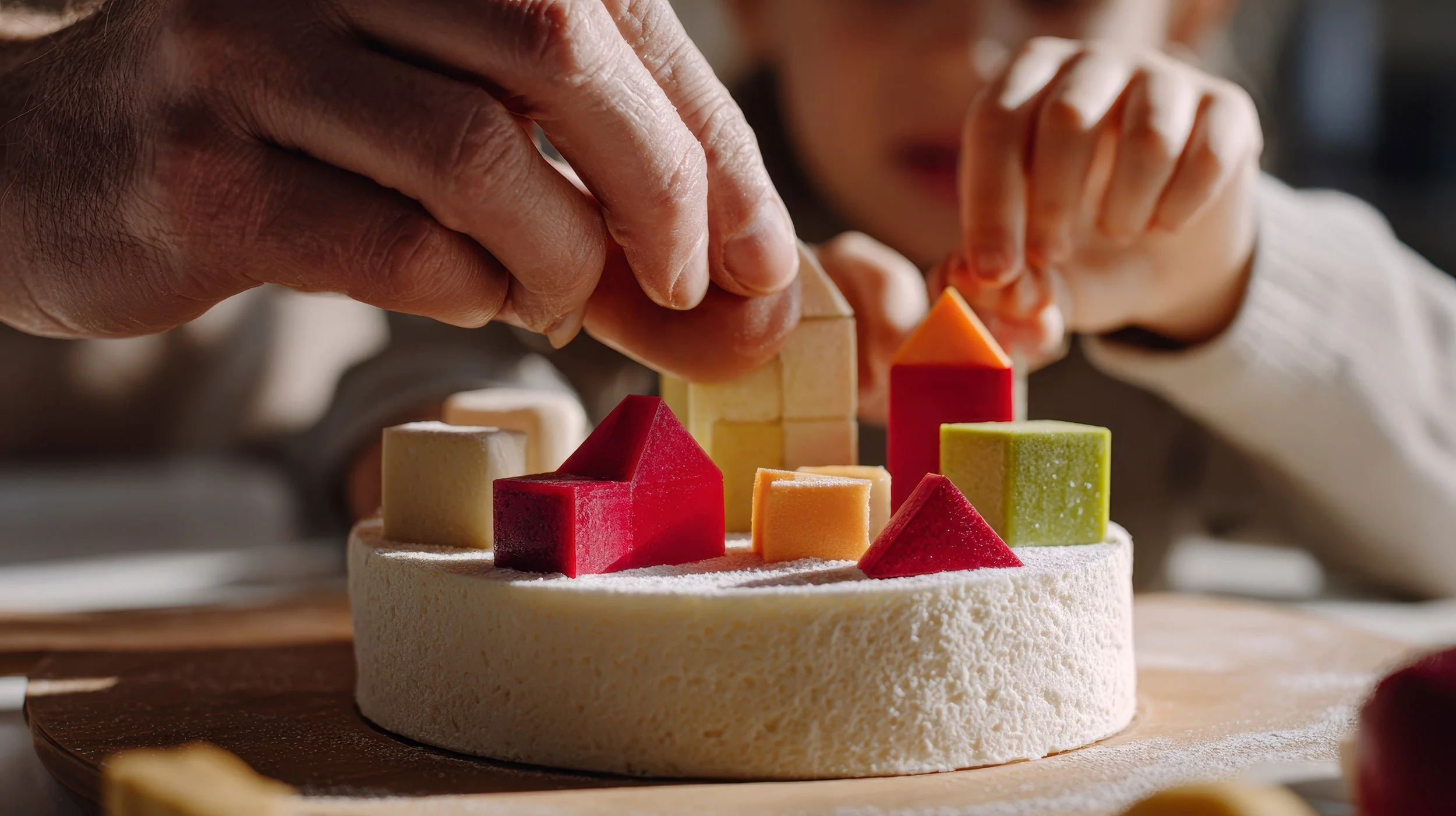 A person arranging colorful geometric-shaped blocks on a white frosted cake.