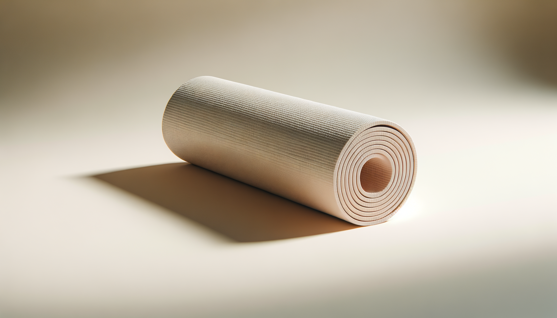 A beige foam yoga mat rolled up, casting a shadow on a neutral background.