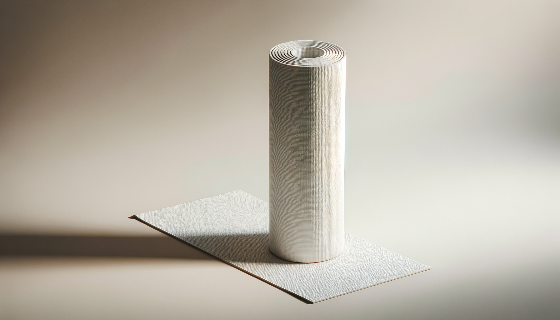 A rolled white yoga mat standing upright on a beige surface, casting a shadow on a light background.
