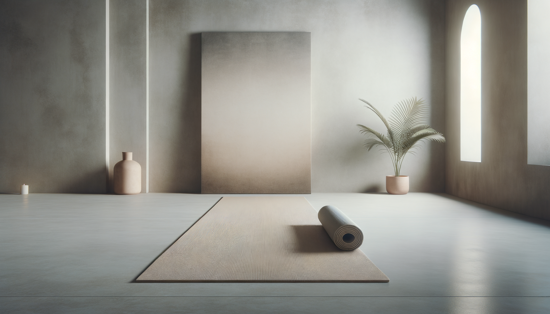 Minimalist yoga studio with a rolled-up mat on a beige rug, a large beige vase, a small candle, a potted plant, and an arched window letting in natural light.