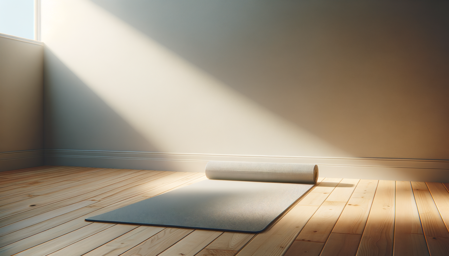 Yoga mat partially rolled out on wooden floor next to a wall with sunlight streaming in near a window.