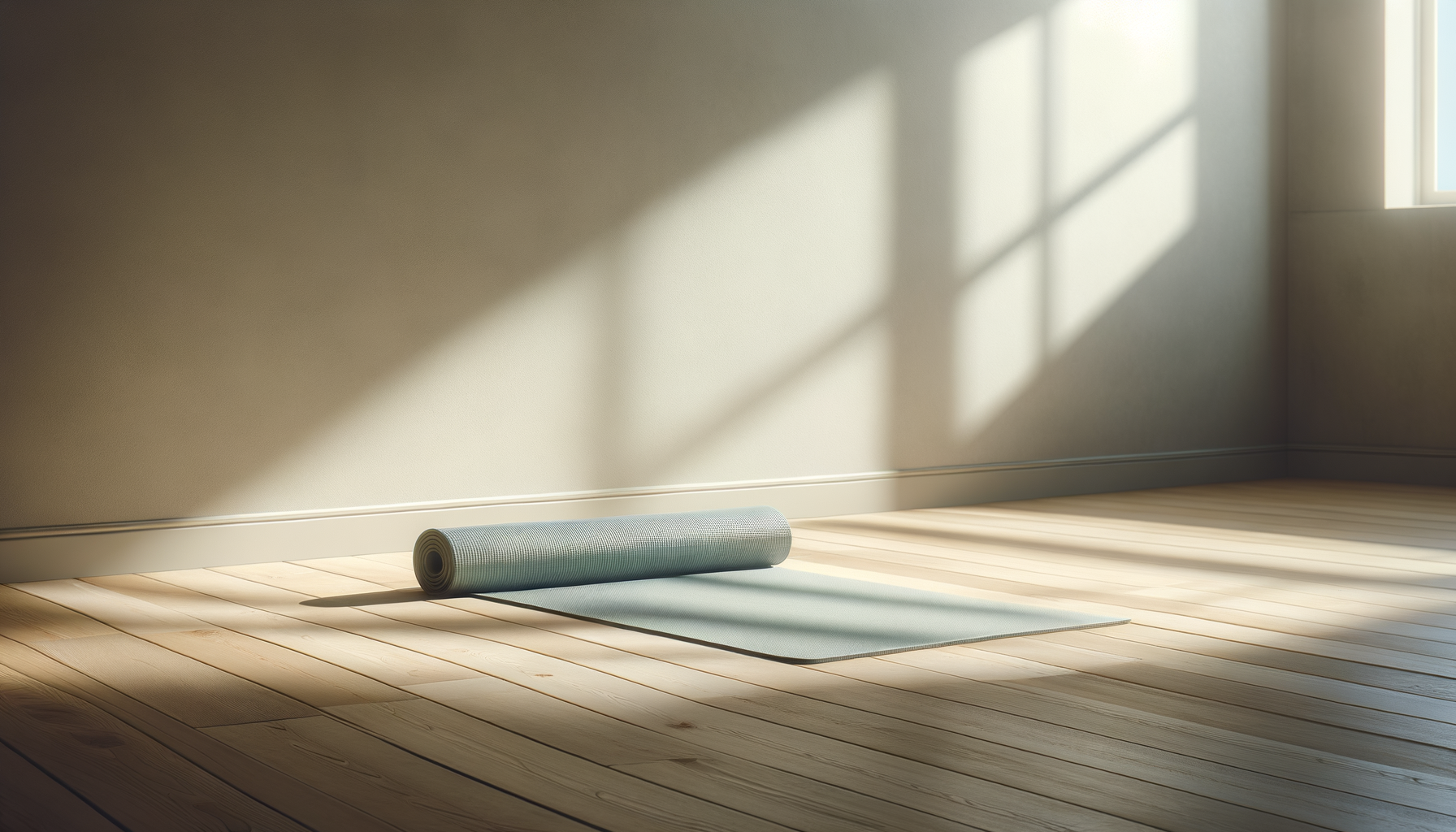 Empty yoga mat and foam roller on wooden floor with sunlight coming through window, casting shadows in a bright room.