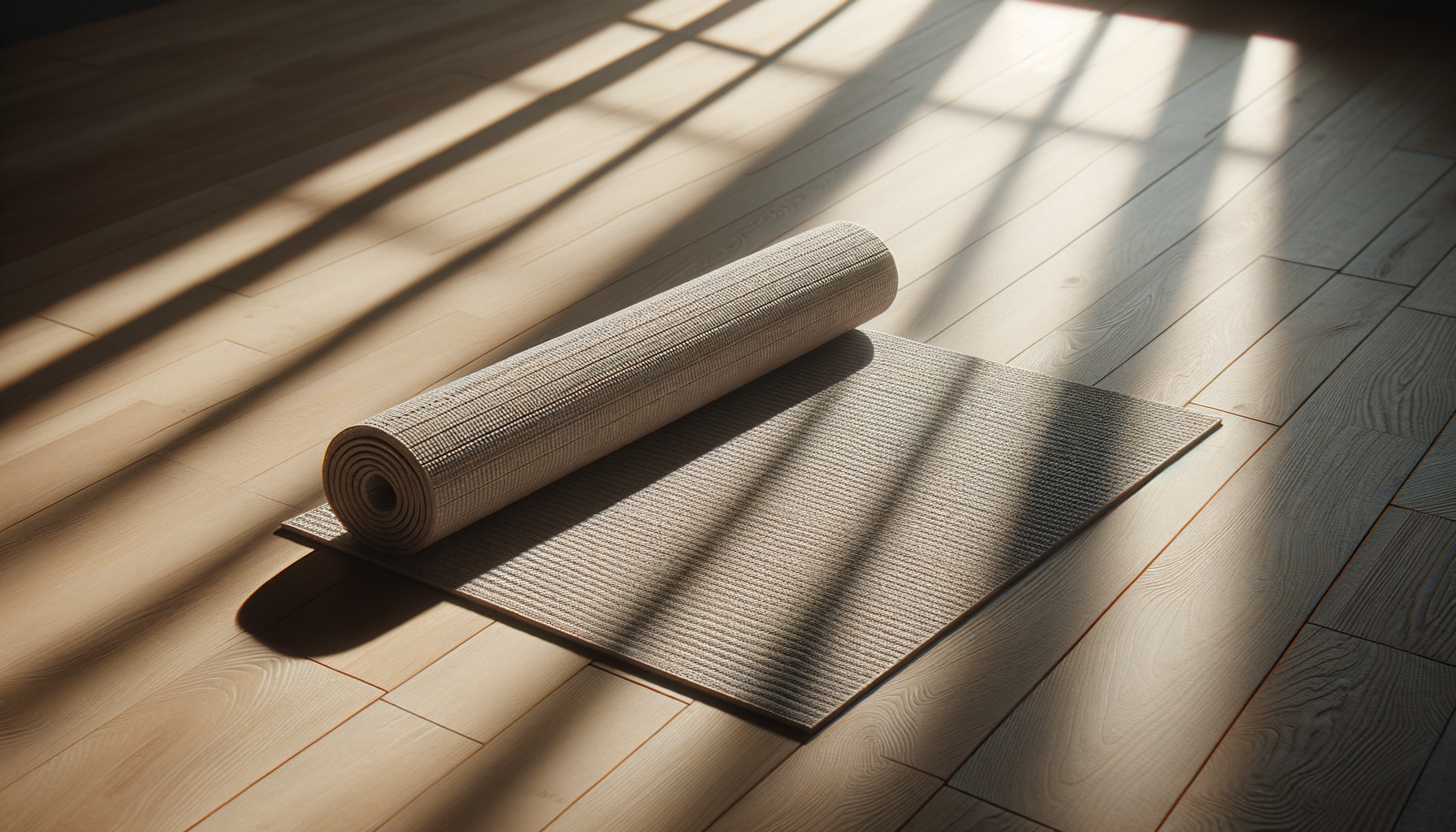 A rolled-up beige yoga mat next to a partially unrolled beige yoga mat on a light wooden floor with sunlight casting shadows.
