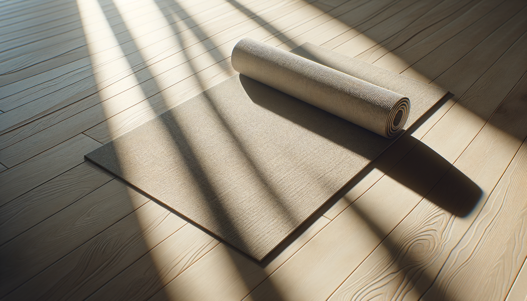 Unrolled beige yoga mat on wooden floor with sunlight and shadow lines.
