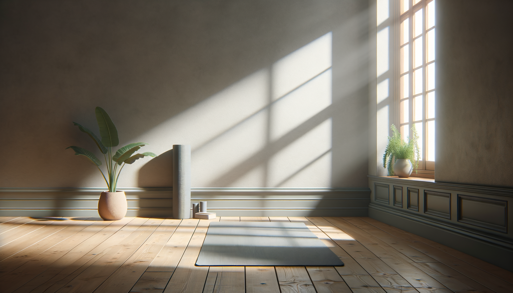 A peaceful yoga space with sunlight streaming through large windows, a yoga mat on wooden floor, potted plants, and minimalist decor.