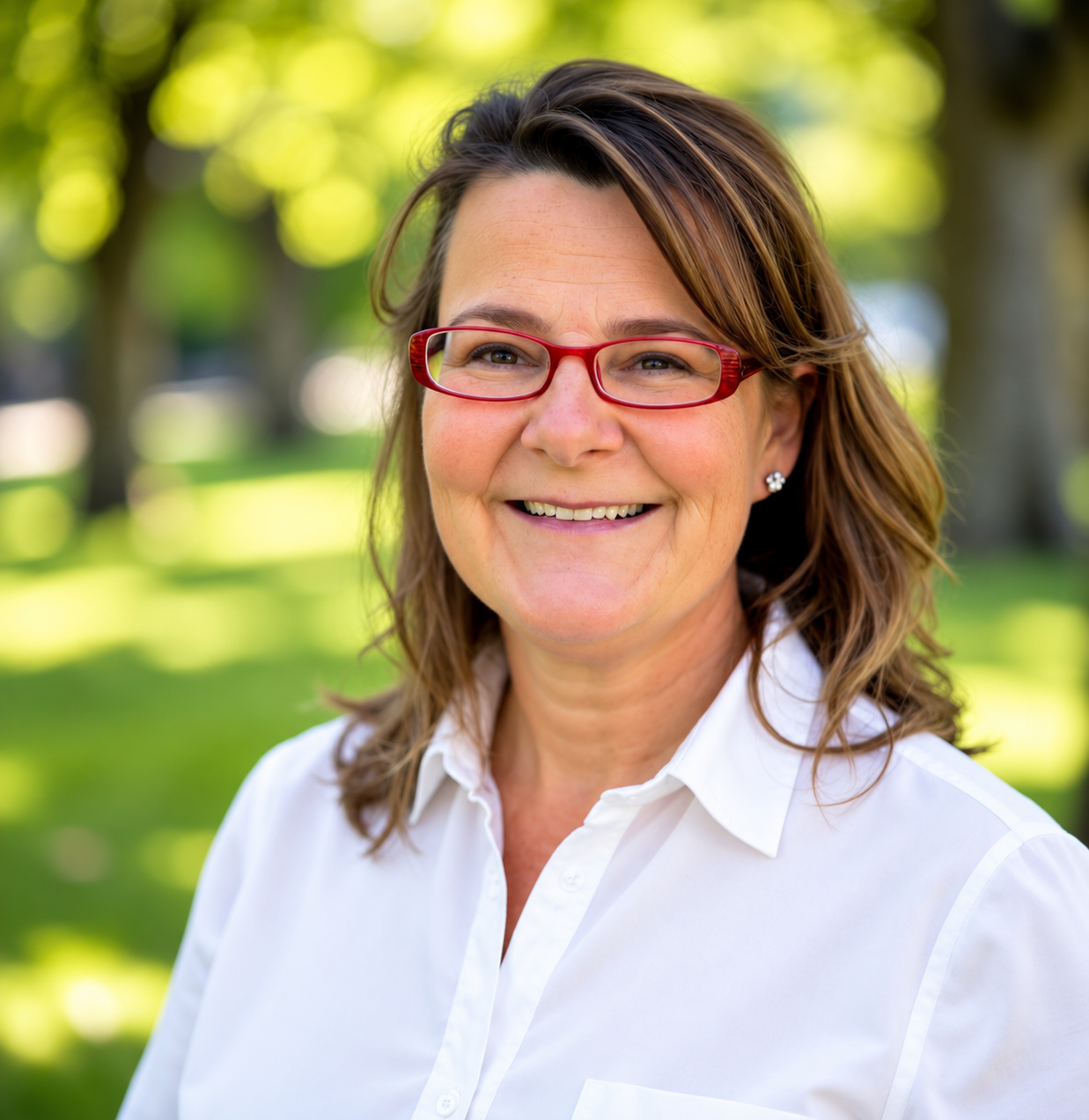 Portrait of Sarah Hall, UK-based ADHD-informed coach, smiling outdoors.