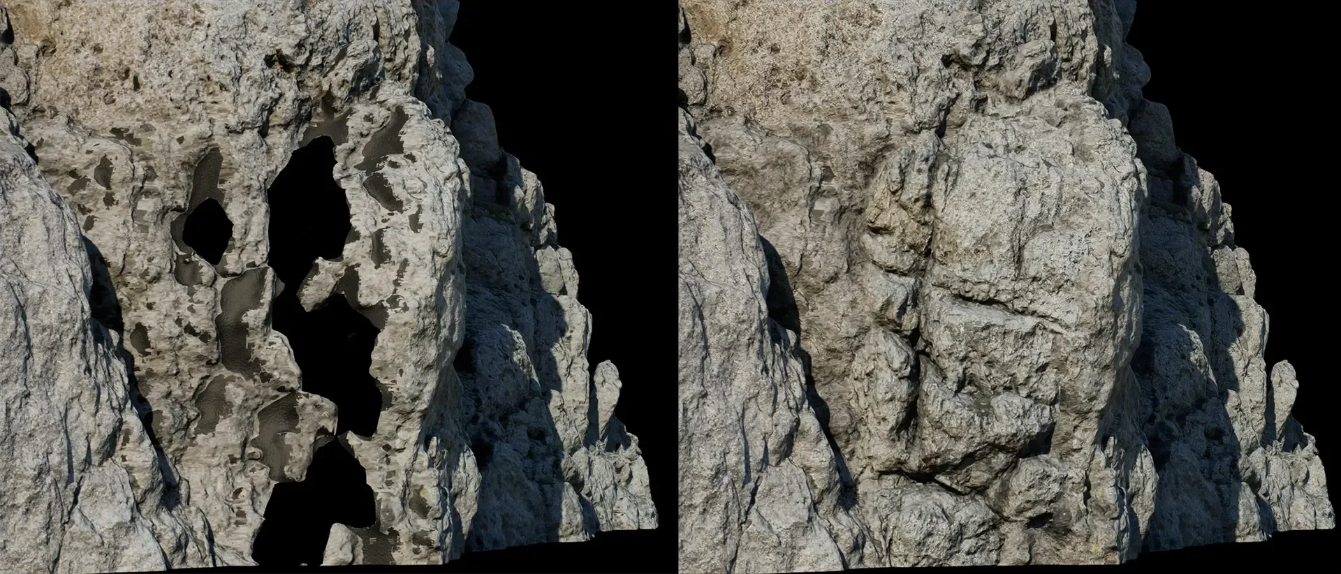 Close-up of rugged, light-colored rock formations with cracks and crevices. The left side shows irregular holes and textures, while the right side displays smoother, less fractured rock surfaces.