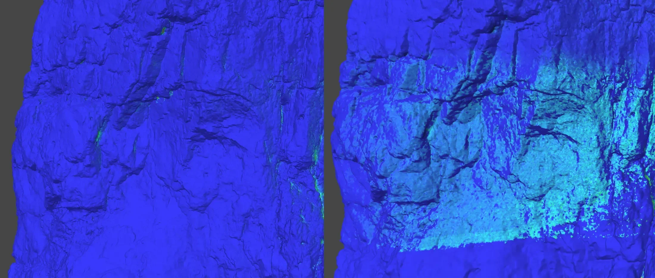 Showcasing the difference between enabled and disabled rolling shutter compensation for aerial scans taken with cameras using rolling shutters.
