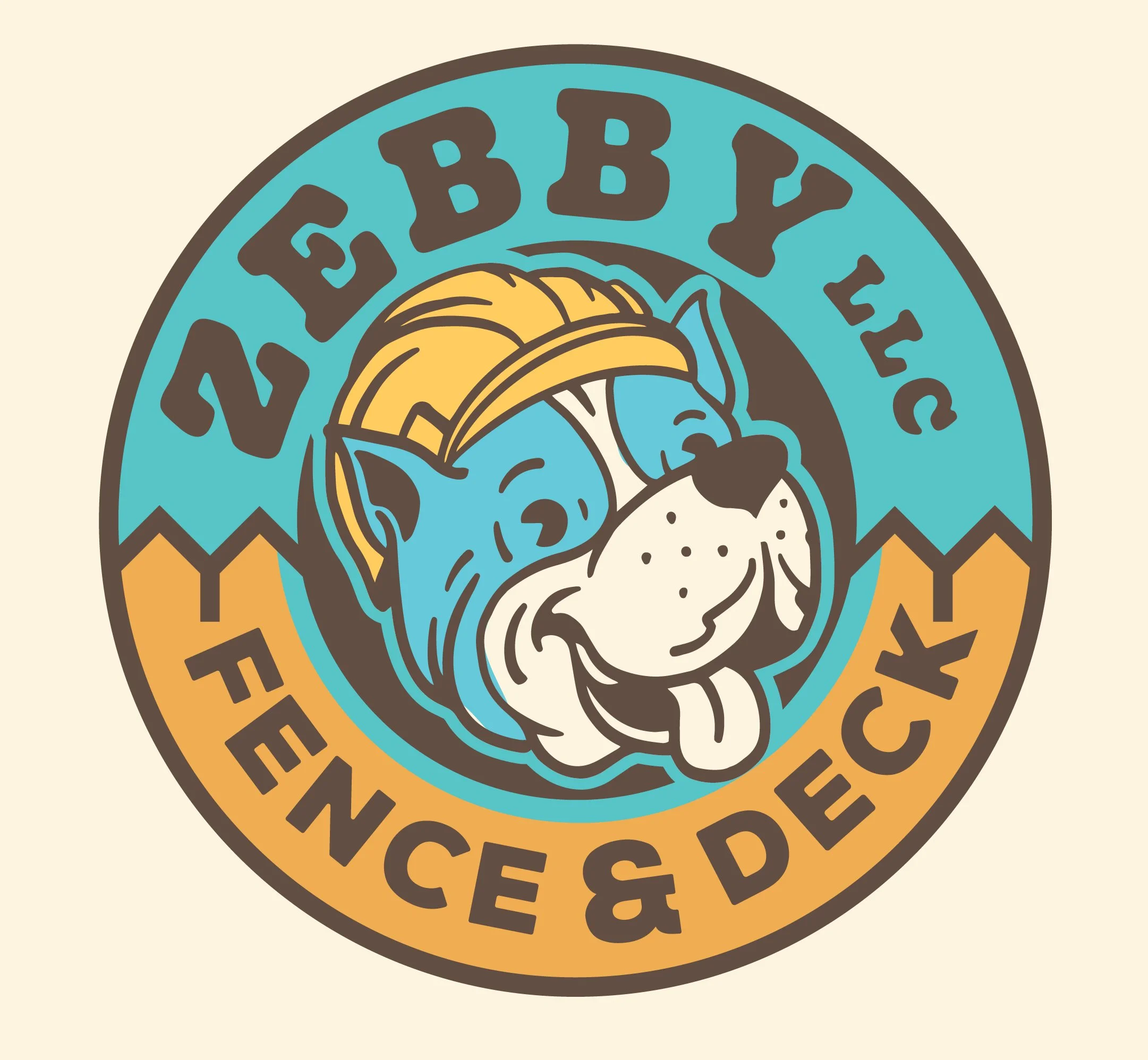 Logo with a happy bulldog wearing a construction helmet, surrounded by text '18 Felec 2 EBBY LIB FENCE & DECK' with a circular design.