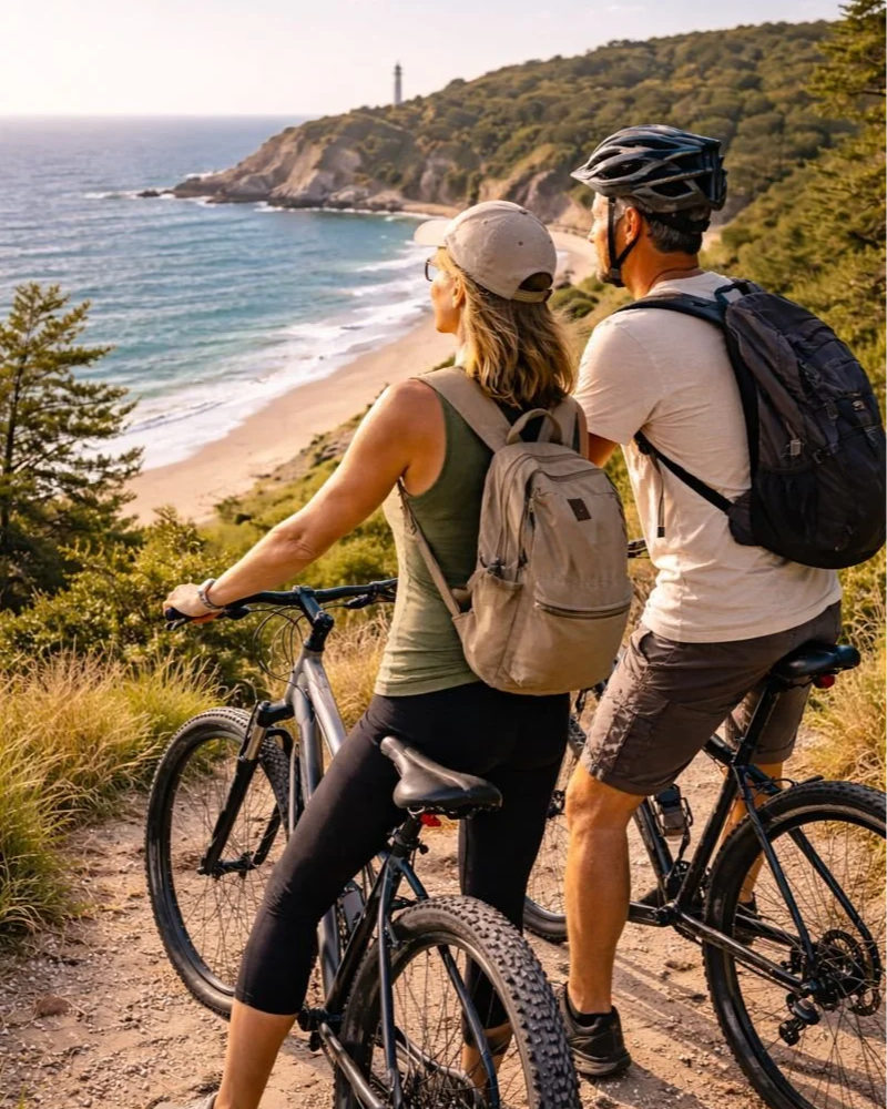A man and woman with bicycles overlooking a coastal landscape with a beach, ocean, and lighthouse on the cliffs.