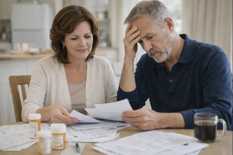 An older man and woman sitting at a dining table, looking stressed while reviewing paperwork and medical bottles, with a coffee mug in front of him.