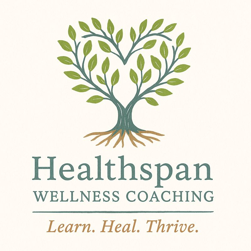 A logo featuring a stylized tree with green leaves and a brown root and trunk, with the text 'Healthspan Wellness Coaching' and the tagline 'Learn. Heal. Thrive.'